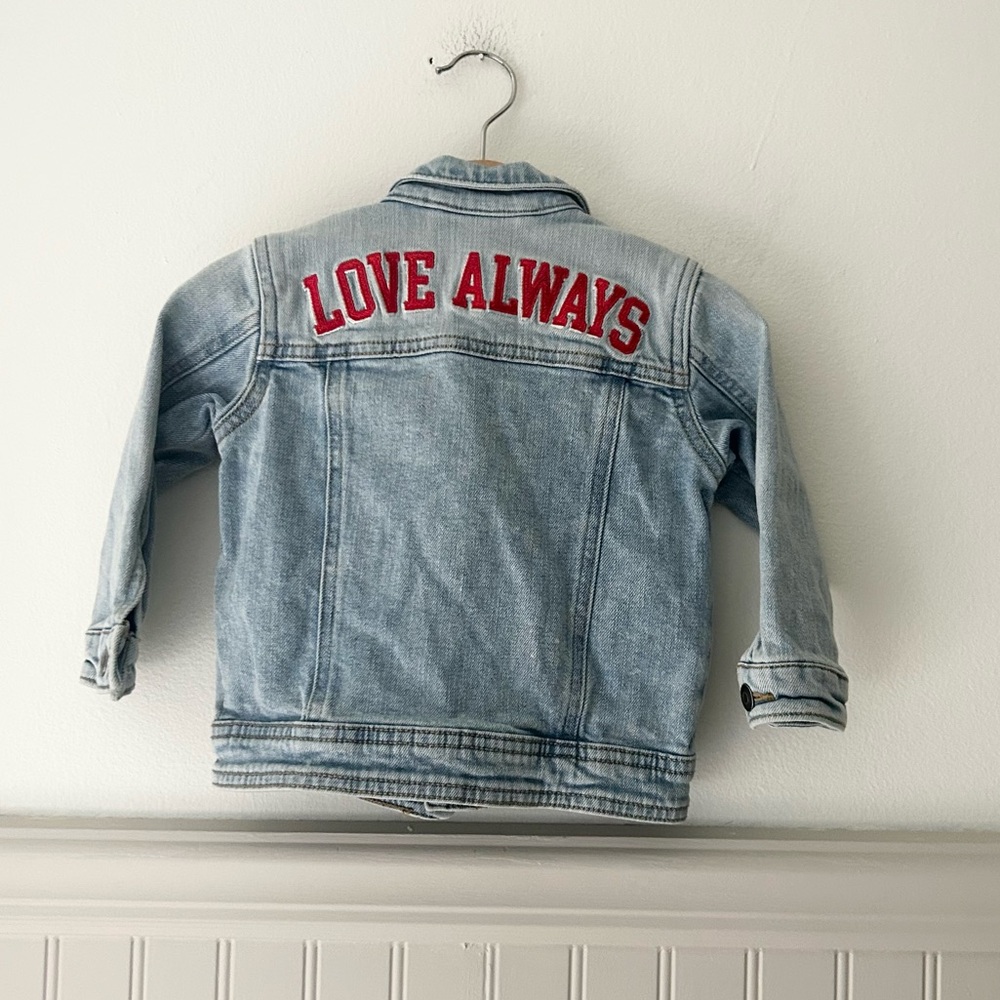 Cat & Jack 18 Months Blue Jean Jacket LOVE ALWAYS Red Embroidery
